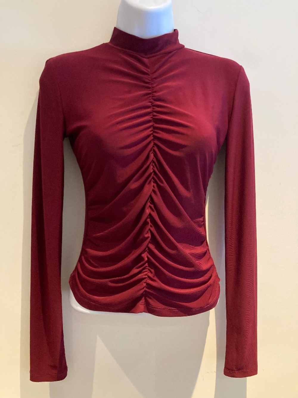 Burgundy Fitted High-Necked Top with Ruching, Size S